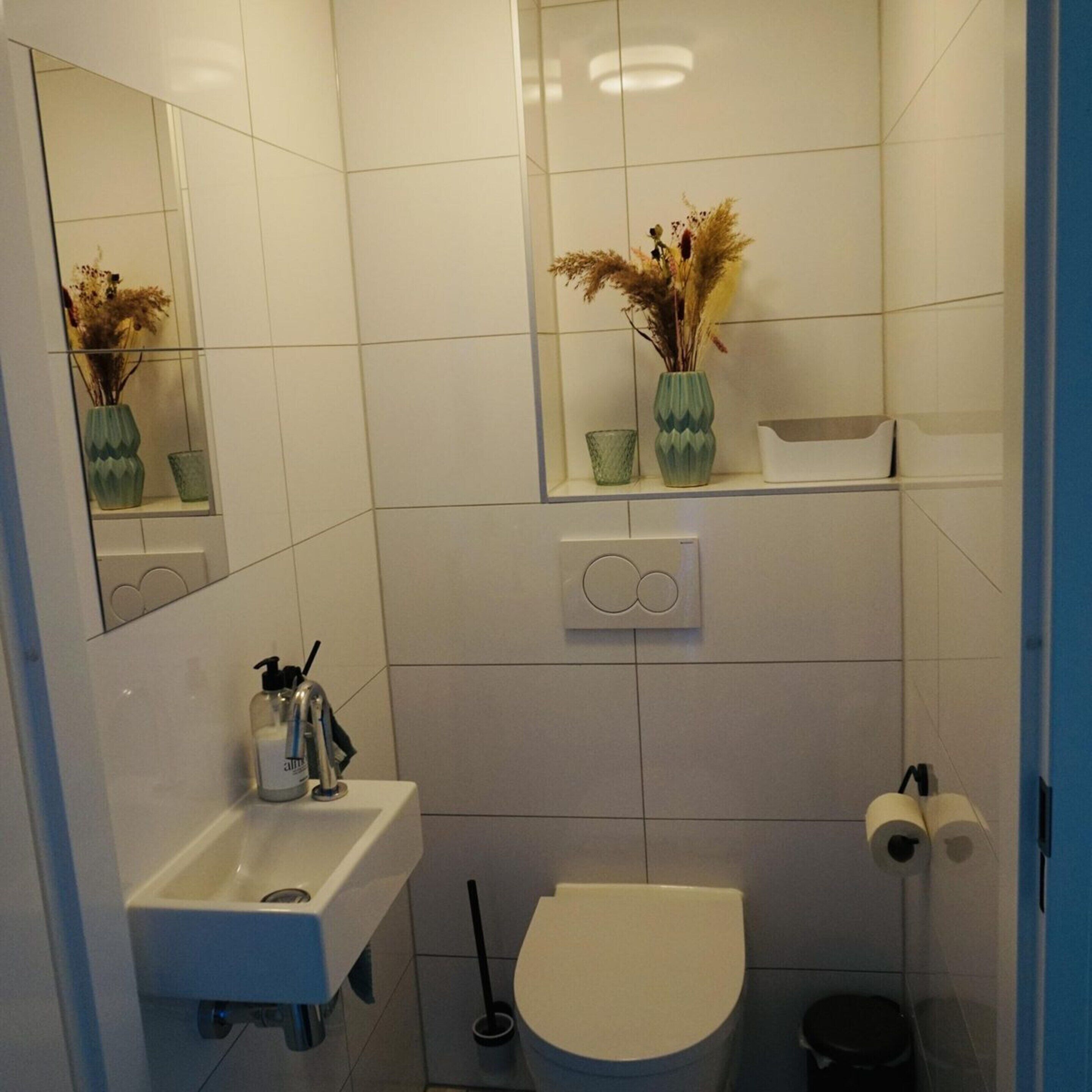 Un bany modern amb un rentapel, una vàter i un mirall. Hi ha plantes decoratives a la paret.
