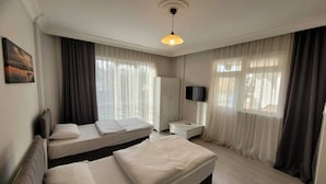 Habitación de hotel con dos camas, televisor, armario y un cuadro en la pared.