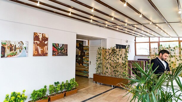 Un interior moderno con techo de madera, obras de arte en las paredes y plantas en macetas.