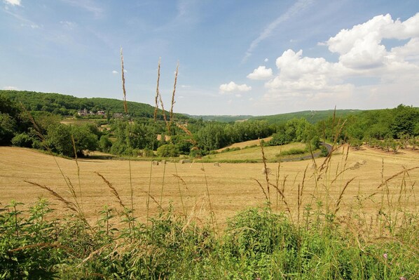 A rural landscape with a field, trees, and a distant building. - Cottage in Corrèze with Garden Views (LOUIGNAC)