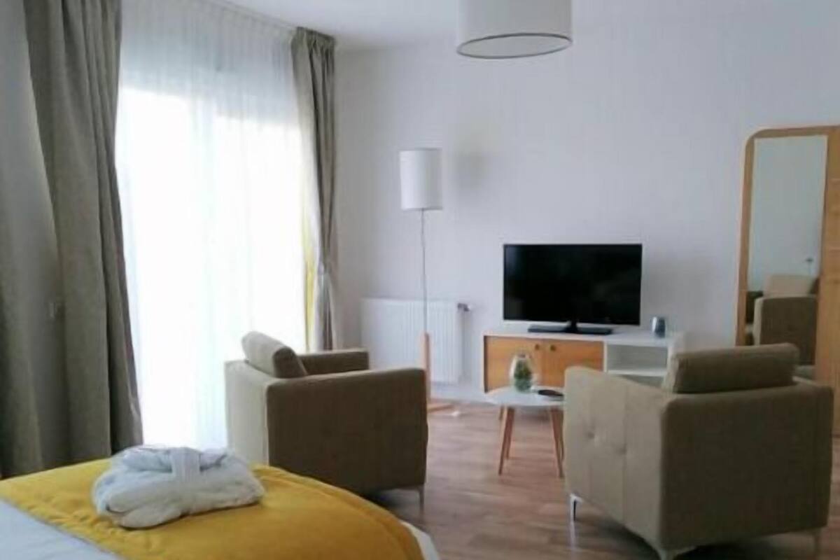 Una habitación de hotel con una cama, dos sillones, un televisor, una lámpara y un espejo.