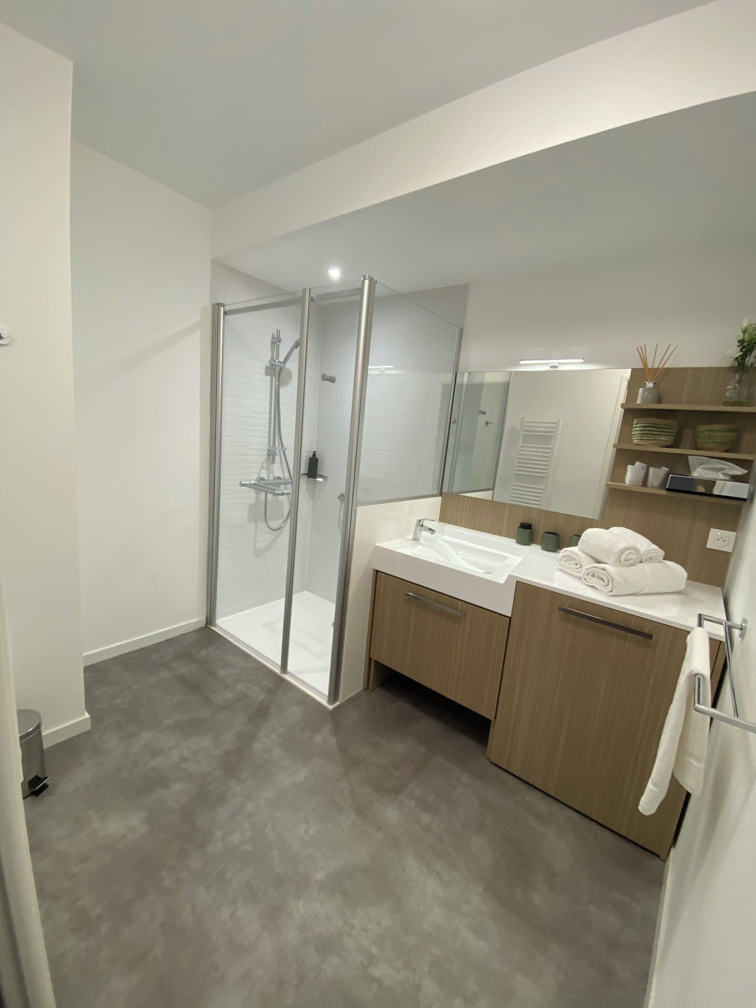 Shower, hair dryer, towels, shampoo