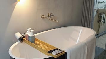 Hair dryer, slippers, towels, soap