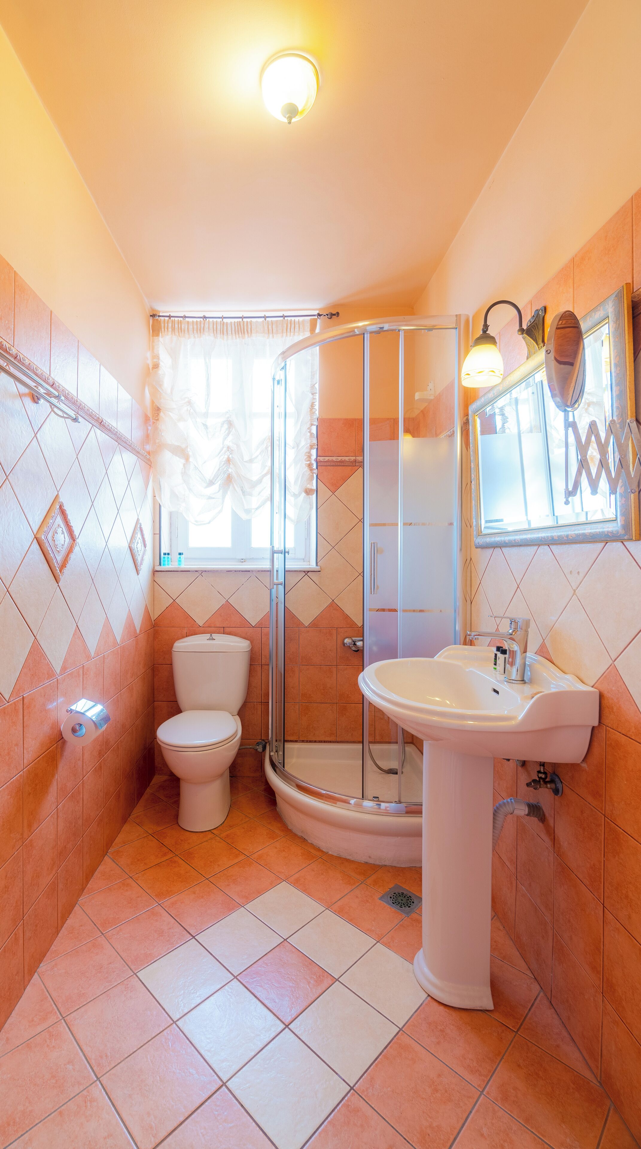 Une salle de bain avec des toilettes, un lavabo et une douche.