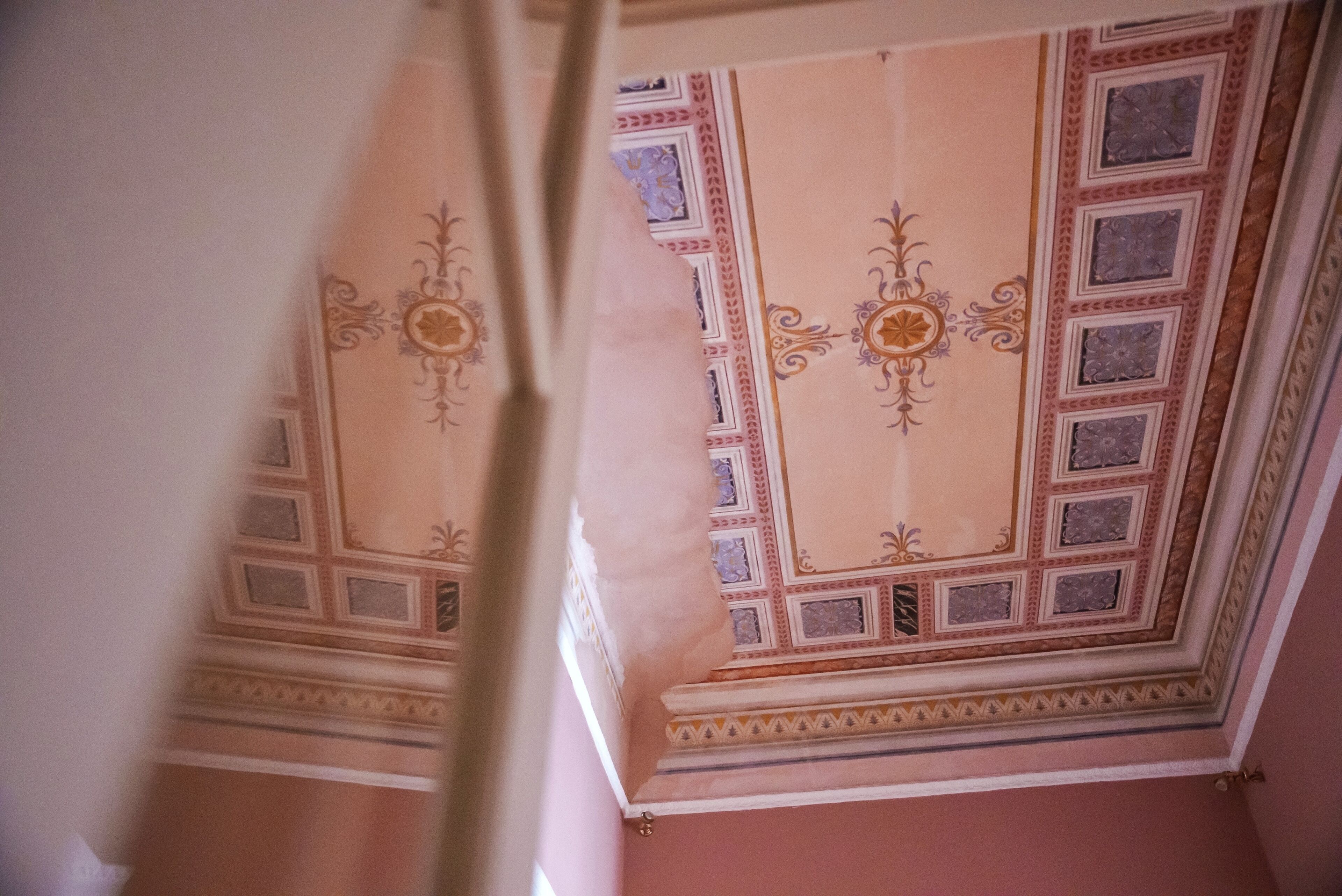 A ceiling with ornate patterns and a central decorative element.