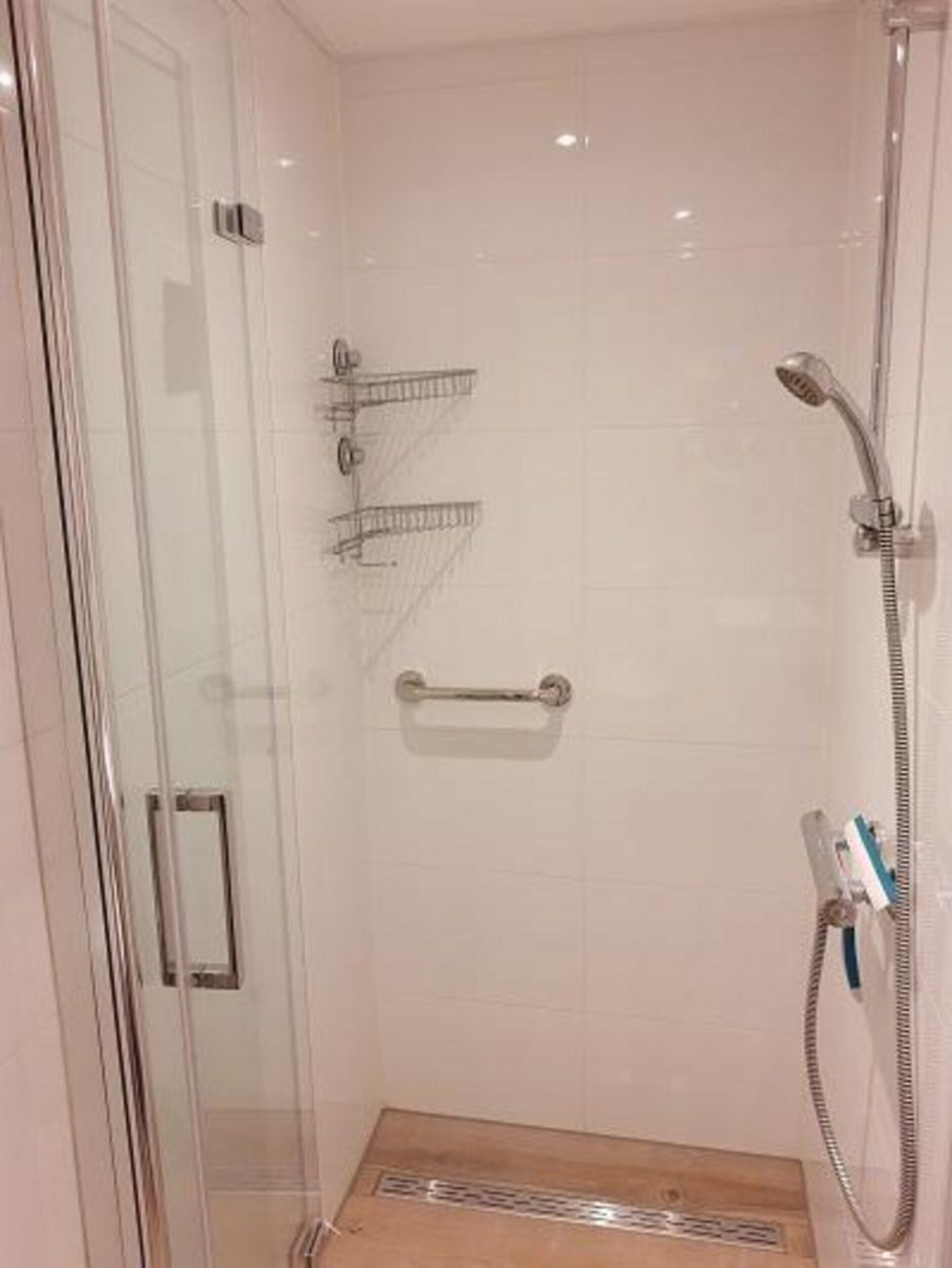 Un espace douche clos par des parois de verre, équipé d’un pommeau de douche à main, d’un porte-serviettes et d’une barre d’appui.