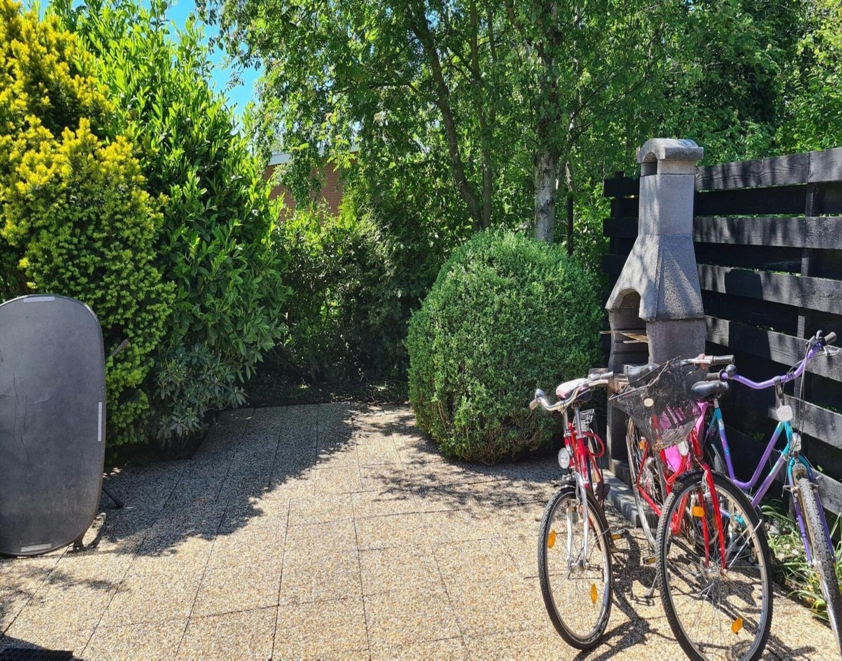 A paved pathway with bicycles parked on the right, surrounded by greenery and a wooden fence.