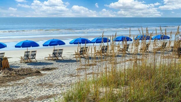 A beach with blue umbrellas and lounge chairs.