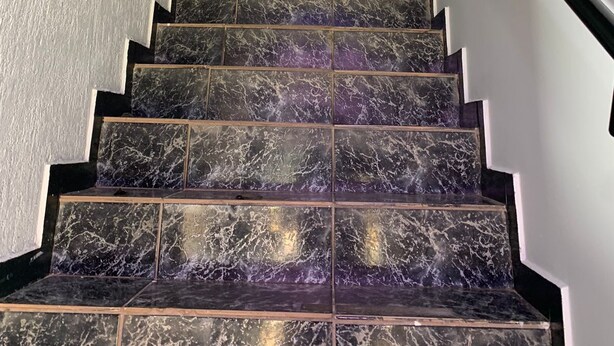 A staircase with marble steps and black handrails, leading to a landing with a plant. - hotel Taguatinga sul (Taguatinga)