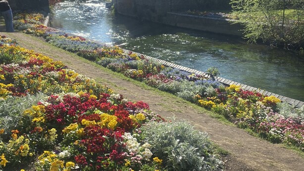 Een tuin aan de rivier met verschillende kleurrijke bloemen en een historisch gebouw op de achtergrond.