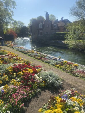 A riverside garden with a variety of colorful flowers and a historic building in the background.