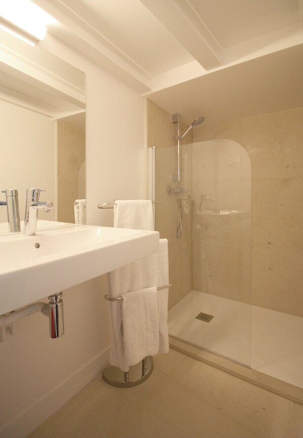 A bathroom with a large sink, mirror, and shower.
