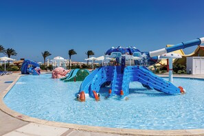 A water park with slides and pools.