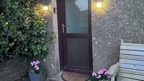 Una puerta de madera oscura con un panel de vidrio, flanqueada por dos luces fijadas a la pared. Hay dos plantas en macetas con flores rosas frente a la puerta, y un banco de madera a la derecha.