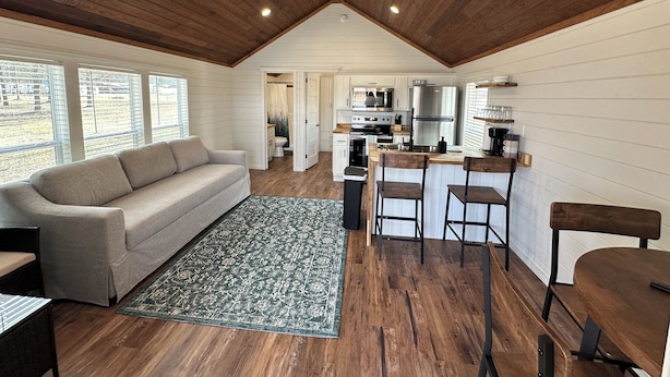 Amplia sala de estar con sofá, mesa de centro y alfombra. Hay una cocina con electrodomésticos modernos y una zona de comedor con taburetes de bar.
