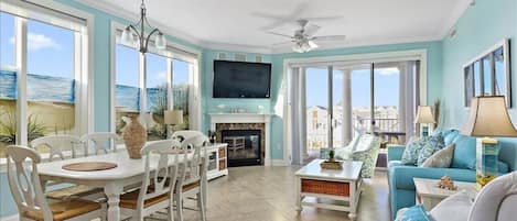 Smart TV, fireplace, DVD player, books