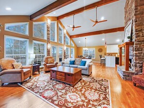 Smart TV, fireplace, books