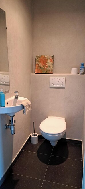 A small bathroom with a white toilet, a sink with a towel, a painting on the wall, and a toilet paper holder. - O'Dunes nearby the seaside (Bredene)