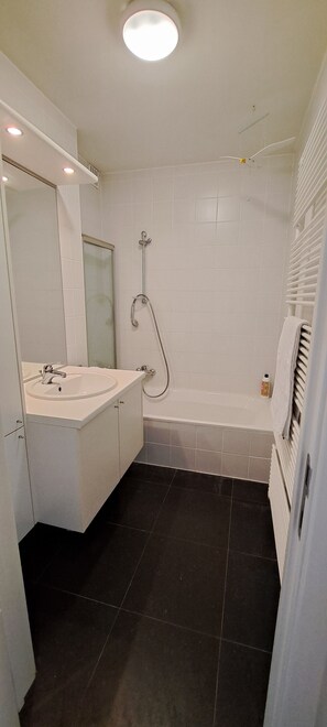 Hair dryer, towels, soap, shampoo