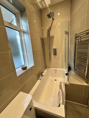 Hair dryer, towels, soap, toilet paper