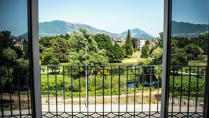 Vista desde una ventana con barandilla de metal, sobre un parque con árboles y una montaña al fondo.