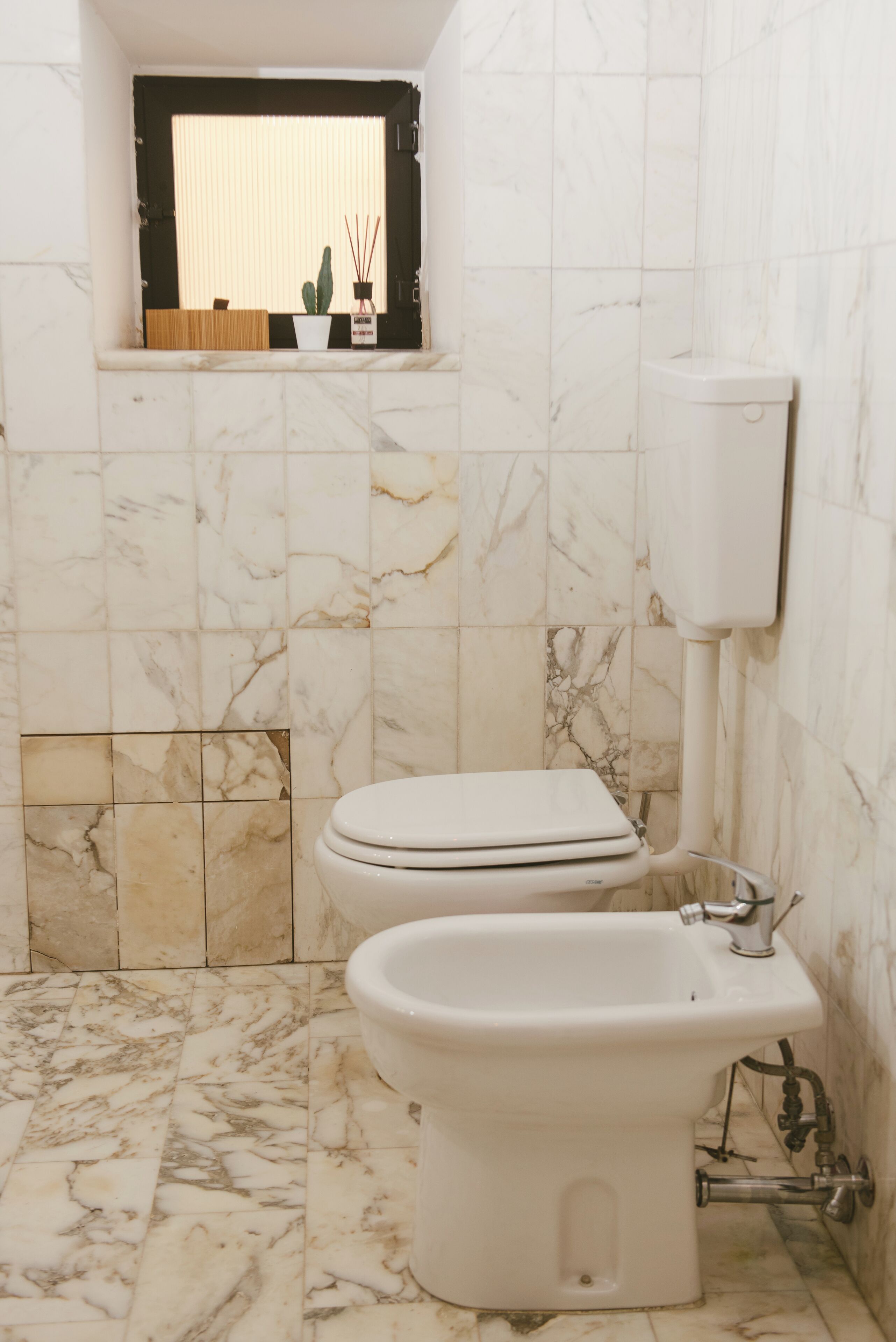 Une salle de bain équipée de toilettes, d’un bidet et d’une petite étagère sur laquelle se trouvent un cactus et un diffuseur de parfum à bâtonnets.