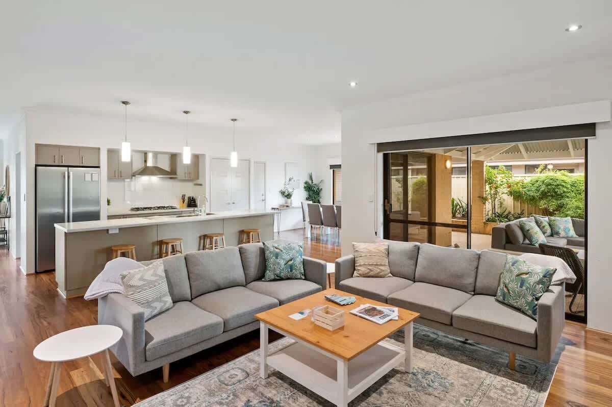 The open-plan design connects the living, kitchen and dining areas, making it easy to stay connected whether you're cooking, dining or unwinding with family and friends.