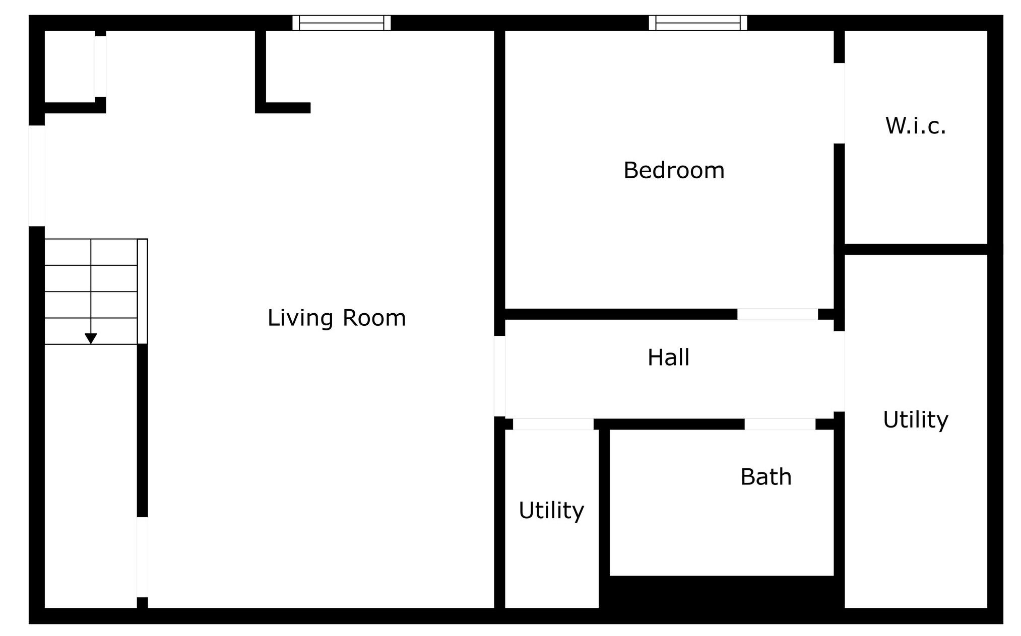 Plano de planta que muestra una sala de estar, dormitorio, pasillo, cuarto de servicio, baño y vestidor.