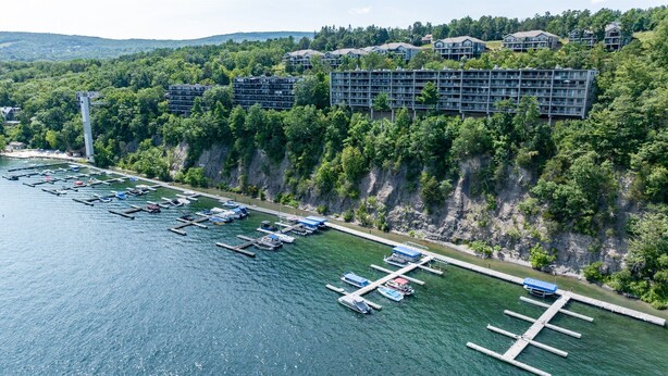 An aerial view of a waterfront property with multiple buildings, a marina with boats, and a forested hillside.
