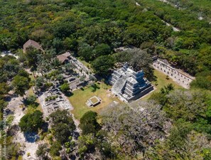 Un antiguo complejo de templos mayas rodeado de densa selva.