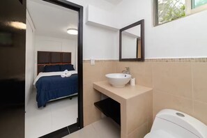 Hair dryer, towels, soap, toilet paper