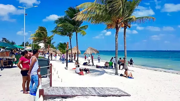 A beach scene with palm trees, people relaxing, and a wooden walkway leading to the water. - Beach Apartment#3 2BDR 1BTH in Villas Playa Blanca (Cancún)