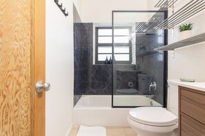 Hair dryer, towels, soap, toilet paper