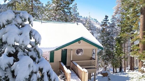 Une cabane dotée d’un porche, entourée d’arbres couverts de neige et sous un ciel dégagé.
