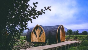 A wooden cabin with a curved roof and large windows, situated on a wooden deck in a lush, green landscape. - Colchagua Tiny Lodge (Santa Cruz)
