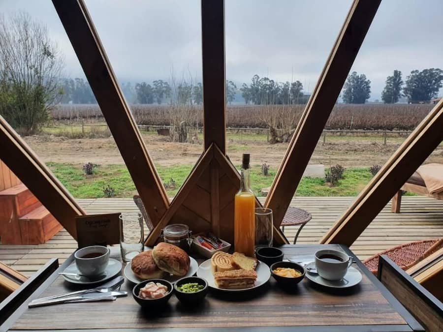 Ein Frühstückstisch mit Kaffee, Gebäck und einer Saftflasche, mit Blick auf einen Weinberg.