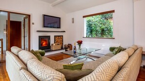 Un salón con chimenea, televisor y un ventanal con vistas a zonas verdes.