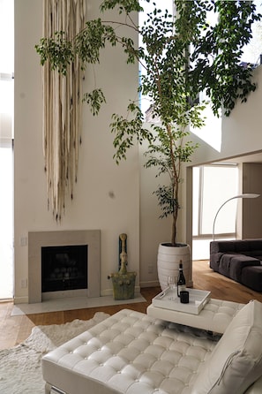 Una sala moderna con chimenea, un gran árbol y un sofá blanco.