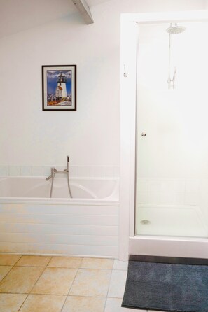 Shower, jetted tub, hair dryer, bidet