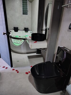 Separate bathtub and shower, jetted bath, hydromassage showerhead