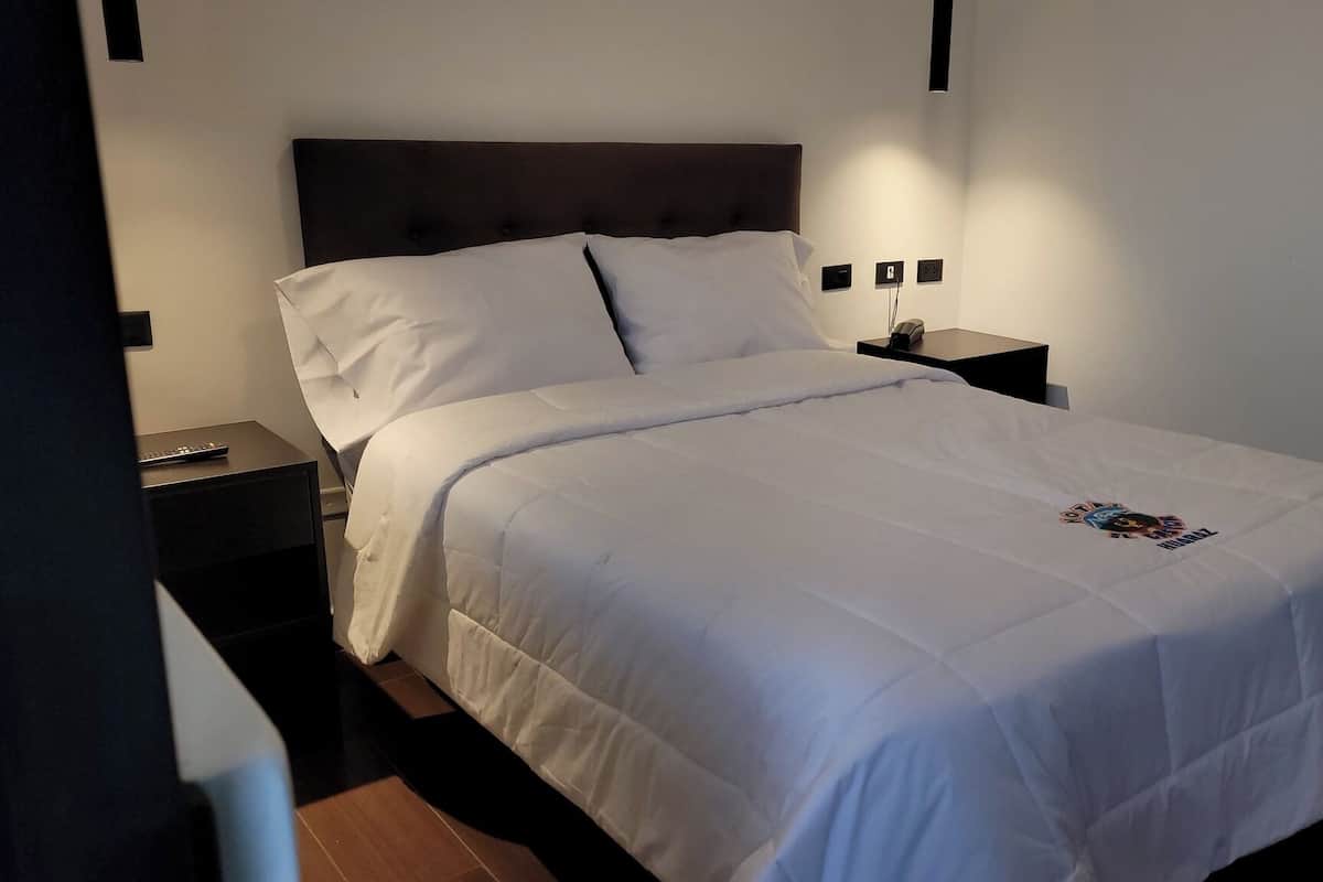A neatly made bed with white bedding and a small decorative pillow. There are two bedside tables, one on each side of the bed, with a remote control on the left table.
