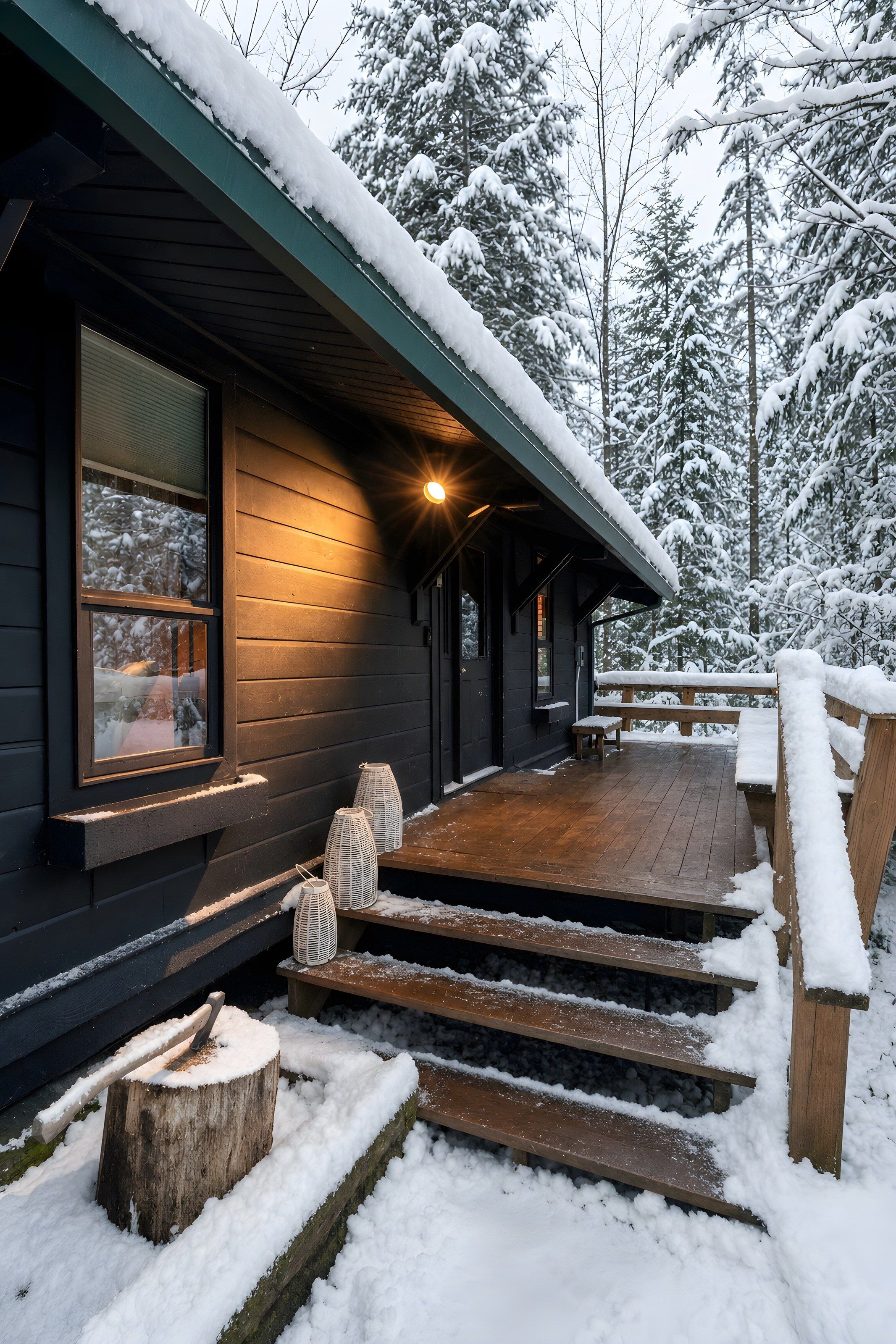 A cabin with a wooden deck, steps leading to the entrance, and snow-covered surroundings.