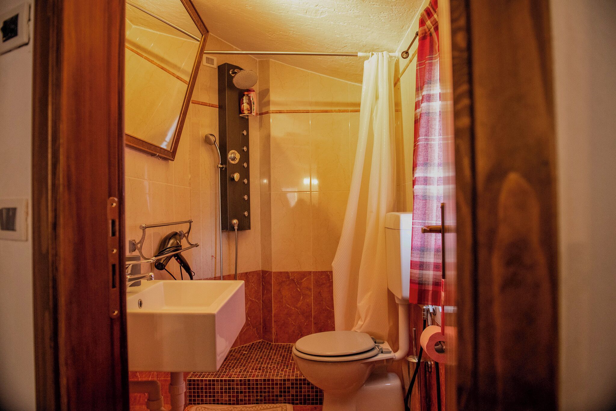 Une petite salle de bain comprenant des toilettes, un lavabo et une douche.