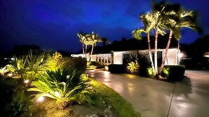 Une maison moderne avec une allée pavée, des palmiers et des espaces extérieurs bien éclairés.