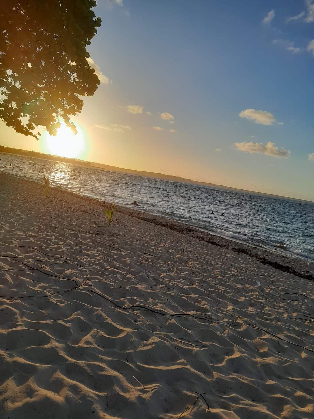A beach with sand patterns and a clear sky.