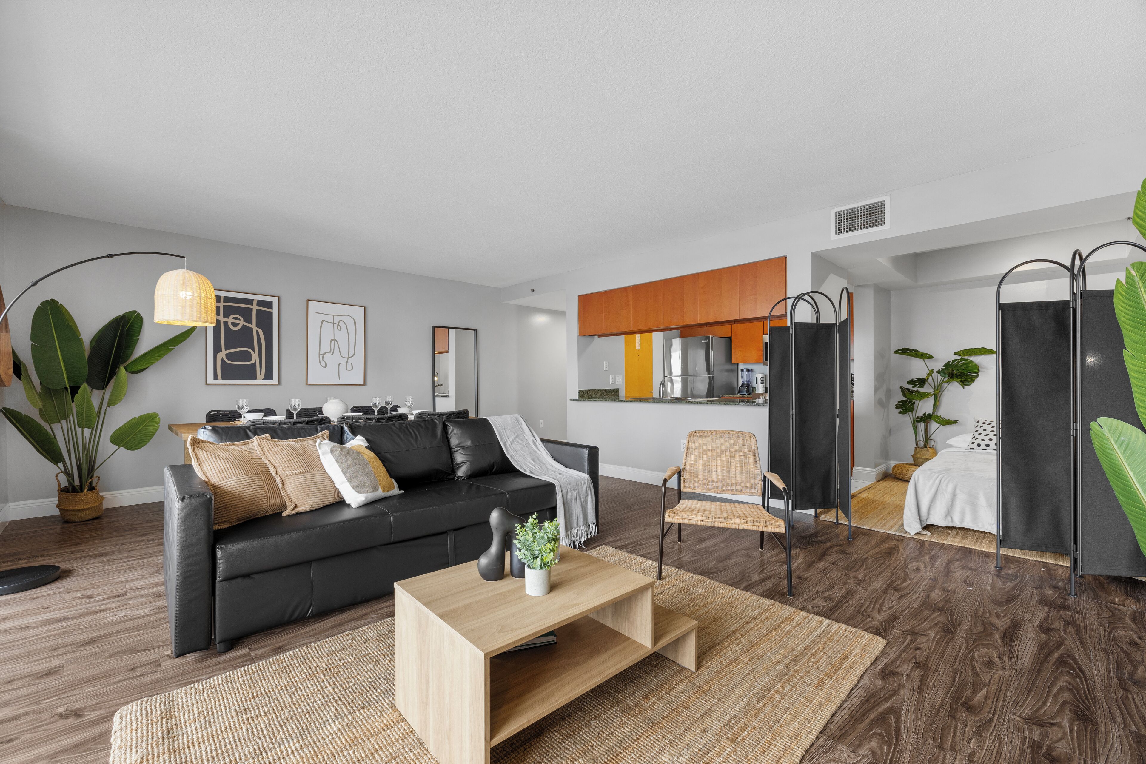 A modern living room with a black leather sofa, a wooden coffee table, and a large potted plant.