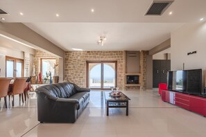 TV, fireplace, books