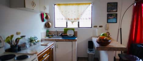 Kühlschrank, Ofen, Herdplatte, Wasserkocher mit Kaffee-/Teezubehör