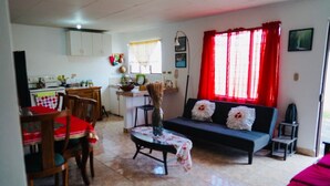 A living room with a sofa, a dining table with chairs, a kitchen area, and a window with red curtains.