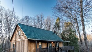 Une cabane en bois avec un toit vert, entourée d’arbres.